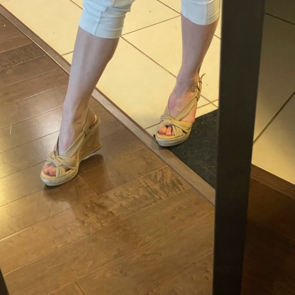 Gorgeous tan wedge sandals - NEVER WORN. Too high for me. - Picture 2 of 6